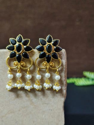 Golden Party Wear Stud Earrings with Pearl Drops & Stone Work | Sarichka-Black