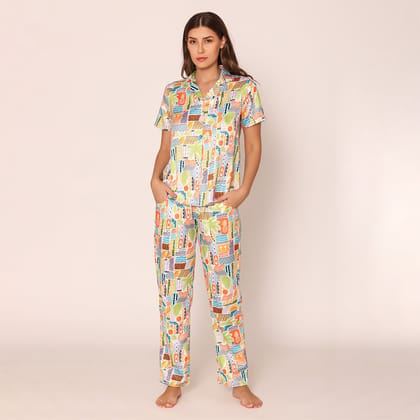 Vibrant Visions Satin Shirt & Pajama Night Suit Set for Women M