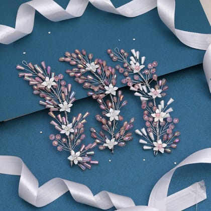 Pink & White Color Assorted Design 3 Pieces Of Hair Brooch (HRPCMB261)-Length: 18.00 CM x Width: 5.50 CM / Pink / Alloy With Good Quality SilverPlated