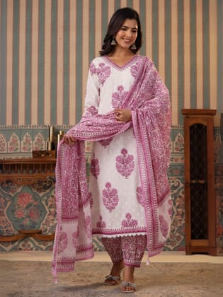 White Dobby Cotton Dupatta Set with Pink Motifs-M