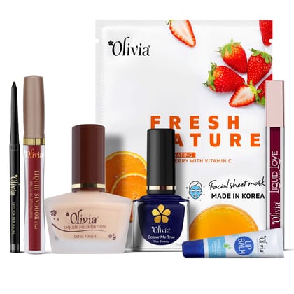 Olivia Makeup Kit 2 with Lipstick, Liquid Foundation, Kajal, Sindoor, Nail Paint, Lip Balm and Sheet Mask