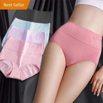 Embossed ROSE cotton breathable plus high waist panties-S/M / BUY 6PCS