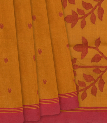 Mustard Handloom Dhakai Cotton Saree With Floral Pallu-Mustard-Mustard