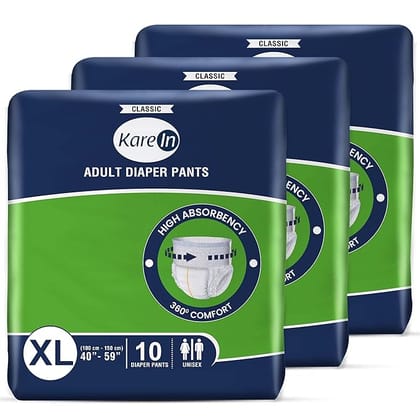 KareIn Classic Adult Diaper Pants, Extra Large (XL) 100-150 Cm (40"- 59"), 30 Count, Unisex, Leakproof, Elastic Waist, Wetness Indicator