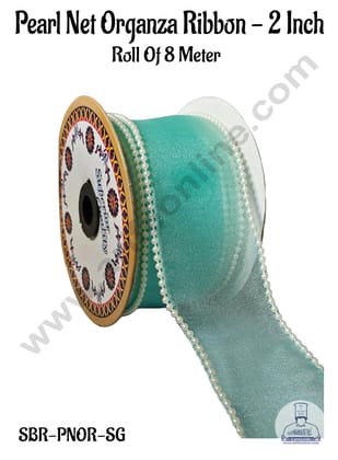 CAKE DECOR™ Pearl Net Organza Sea Green Ribbon -2 Inch (8 Meter) | Sheer Ribbon | Gift Wrapping | Decoration