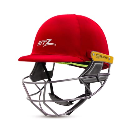 Steelbird Hitz Mild Steel Premium Cricket Helmet for Men & Boys (Fixed Spring Steel Grill | Light Weight) (Red Fabric with Green Interior)-Small 560 MM