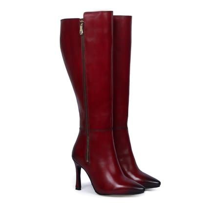 Pointed Toe Zip Closure Wine Knee Heights Leather Ladies Stiletto Pencil Heel Boots By Brune & Bareskin-36/3