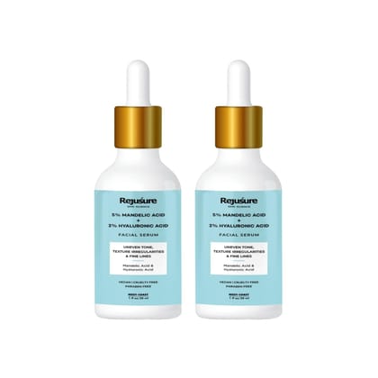 Rejusure Mandelic Acid 5  Hyaluronic Acid 2 Face Serum for Uneven Tone Texture Irregularities  Fine Line  30ml Pack of 2-Rejusure Mandelic Acid 5% + Hyaluronic Acid 2% Face Serum for Uneven Tone,