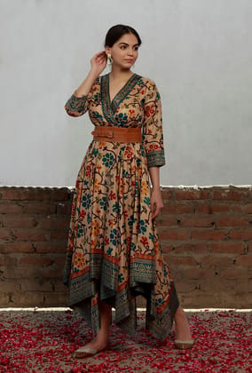 Beige Kalamkari Printed Cotton Silk Asymmetrical Dress-S