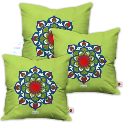 Indigifts Dipawali Gift Items Floral Mandala Print Green Cushion Cover 16"x16" Set of 3 - Diwali Gift Items, Diwali Decoration Items, Deepavali Decoration, Dipawli Gifts, Deepawali Greetings
