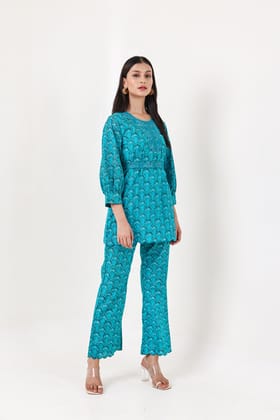 Habibi co-ord set with embroidered detachable belt - Blue-XS