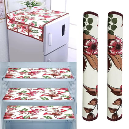 WISHLAND Single Door Fridge Cover Combo Set pf 1 Fridge Top Cover + 2 Fridge Handle Cover + 3 Multipurpose Fridge Mats (Red)