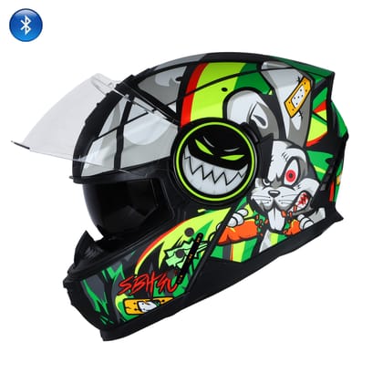 Steelbird Crazy Doe Bluetooth Full Face ISI Certified Graphic Helmet for Men with Inner Smoke Sun Shield | SBH-40 7Wings (Glossy Black Green)-Medium 580 MM