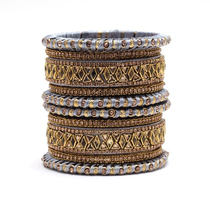 Grey Color Thread Bangle Set: 2.12 (TRB182GRY-2.12)-Bangles Size: 2.12 / Grey / Alloy With Good Quality Gold Plated