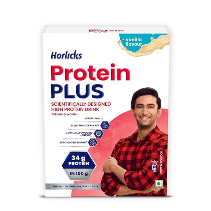 Horlicks Protein Plus Vanilla Protein Drink for Adults, 400g Container | Whey, Soy & Casein Blend - High protein powder | For Muscle Mass & Strength