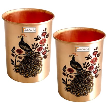  Printed Copper Glass 300 ML Peacock Design Pack of 2