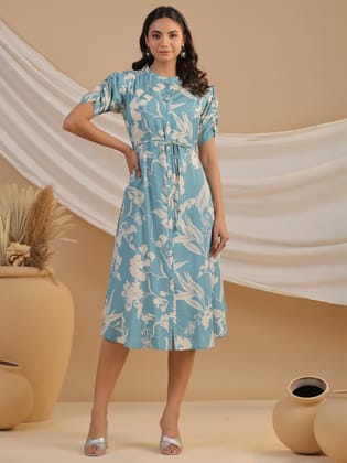 Light Blue Floral Print Midi Dress with Ruched Sleeves-M