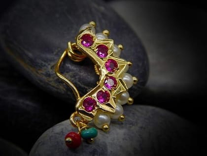 Maharashtrian Traditional Gold-Plated Nose Pin with Pearl an