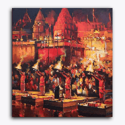 Ganga Aarti Night View- Ghat-Without Frame / 18x20 inch / 24 Palette