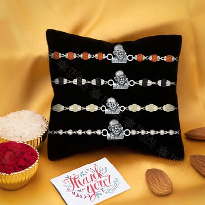 Amazing Sai baba face design 925 sterling silver Rakhi bracelet in rudraksh/black basil/white basil and silver beaded chain rk276-6 / Rudraksha bead rakhi