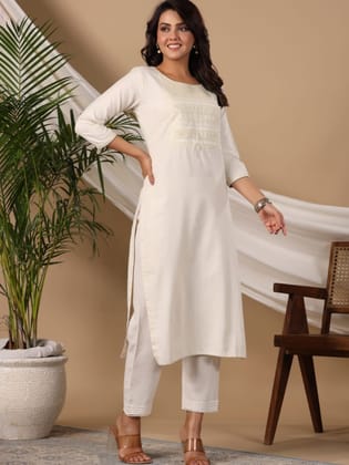 Off White Kurti With Embroidered Yoke-34