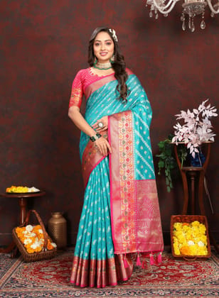 Soft organza silk saree with Meenakari weawing ...