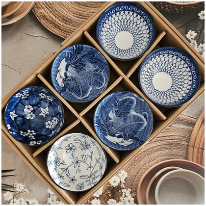 Ceramic - 6 Bowls - Gift Set - Japanese Blue Floral - Rice, Salad, Soup, Fruit Bowl 101