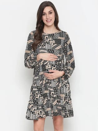 Canva Unstructured Print With Feeding Zip Maternity Dress Now-M