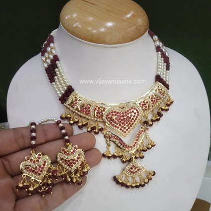 Jadau Necklace Sets 57896-Short Necklaces / Red / Ruby / Maroon / Copper Alloy