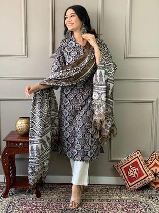 Ajrakh work cotton kurta with cotton pant and silk dupatta-M / Brown