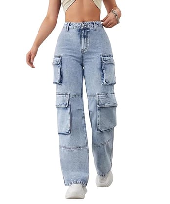 Glossia Fashion Women Cargo Jeans | High Rise Stretchable Baggy Wide Leg Denim| Boyfriend Jeans for Women -  Light Blue, 26