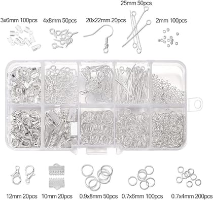 10 Pcs Jewellery Making Metal Findings Kit With Ribbon Clamp Crimps With Loop Head Pins Ribbon Ends-Silver