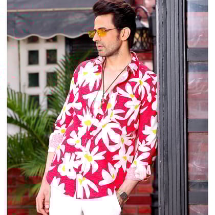 Lily Flower Red Casual Pure Linen Full Shirt (Size - S) by BLUE EAGLE