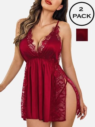 Women Satin Babydoll Lingerie Nightwear with G-String Panty Pack of 2-Red Maroon / S