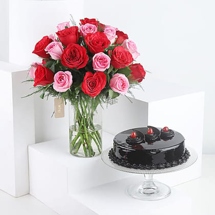 Red & Pink Roses With Truffle Cake