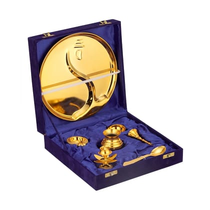 Brass Gold Pooja Thali Set Velvet Box for Rituals