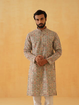 Men's Georgette Multi Embroidered Kashmiri Work Sea Green Long Kurta-36