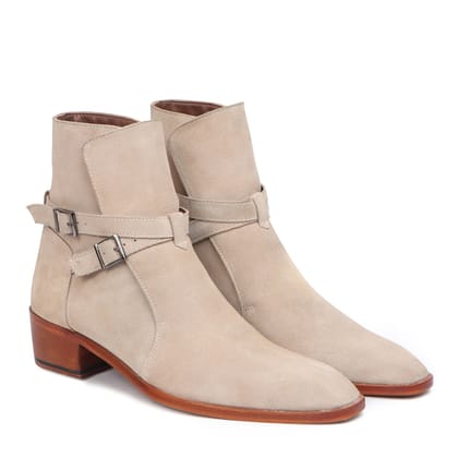 Jodhpuri Suede Leather Boots with Beige Ankle Wrap Around Buckle Strap by Brune & Bareskin-40/6