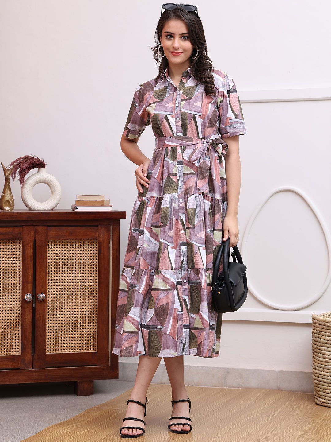 Mauve Color Abstract Printed Cotton Ethnic Dress-S