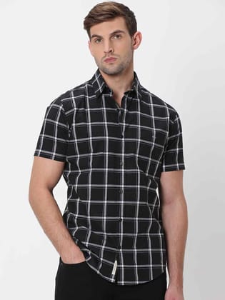 Mufti Black Square Check Slim Fit Casual Shirt