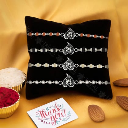 925 sterling silver handmade Pan Ganesha design Rakhi bracelet amazing Rudraksha/black and wihte Tulsi beaded bracelet jewelry rk249-6 / Rudraksha bead rakhi