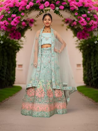 Semi-Stitched Lehenga with Soft Net Fabric & Zari Thread Work by Shreekama-Sky Blue / Free Size