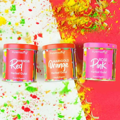 Puremazing Vibrant Herbal Gulal Holi Colour Set - Natural Ingredients, Flower Petals- Red, Orange, Green (80gm x 3), Non-Toxic, Skin Friendly, Easy Wash & Removal(pack of 3)