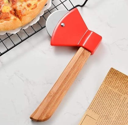 KATHIYAWADI Axe Shaped Pizza Cutter With Sharp Rotating Blade For Pizza, Bread, Cakes, 22.5 X 10 X 2 cm, Red