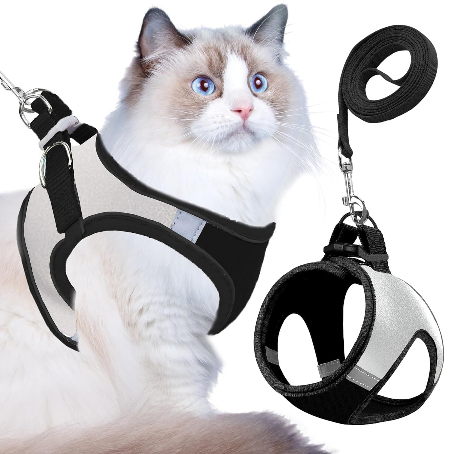 Buraq Cat Harness with Leash for Outdoor, Walking, Escape Proof, Air Mesh Fabric, Easy Control, Adjustable & Durable Cat Leash with Harness for Small & Medium Cats (Black - Silver, M)-silver