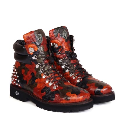 Hand Colored Light Weight Biker Boot Studded Premium Authentic Ostrich Camo Leather-40/6