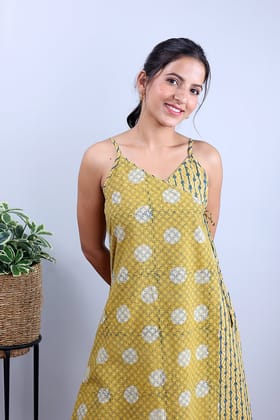 Mustard Ajrakh Cotton Women Midi Dress Sleeveless WDRSL08247-S