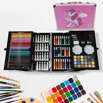 17980 Professional Art Set-Drawing Painting Sketching Coloring Kids Set All in 1 Art Case Perfect for Kids with Unicorn Design Case, Shading Crayons Oil Pastels Color Set Watercolor Cakes Paint 