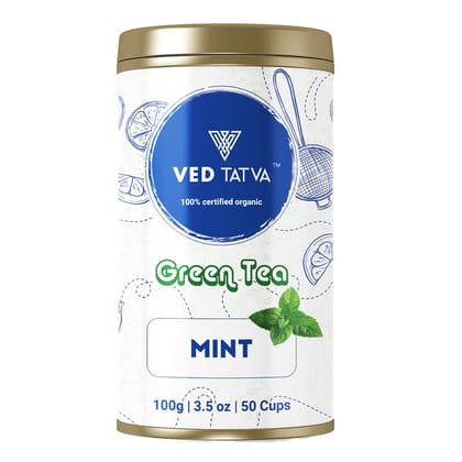 VED TATVA Organic Mint Green Tea - Loose Leaf with Natural Mint Leaves / Detox Green Tea Rich in Anti-Oxidants / Herbal Tea - 100GMS / 50+Cups