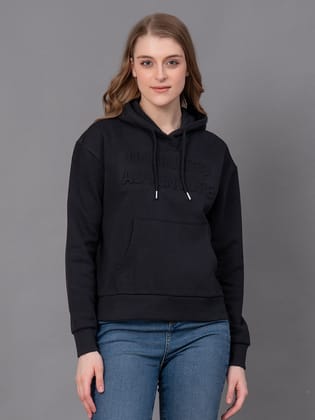 Red Tape Black Cotton Poly Fleece Embossed Women's Hoodie